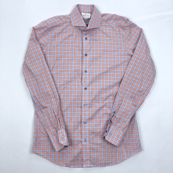 Emanuel Berg Other - Emanuel Berg Mens Modern Fit Plaid Button Down Shirt Orange Blue 15.5 39 M